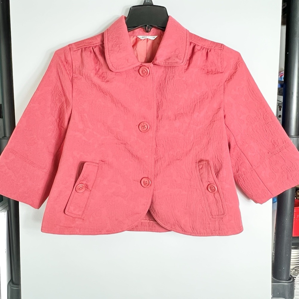 Vtg Laura Ashley Womens Sz S Pink Cropped Jacket Jacquard Style 3/4 Sleeve Y2K